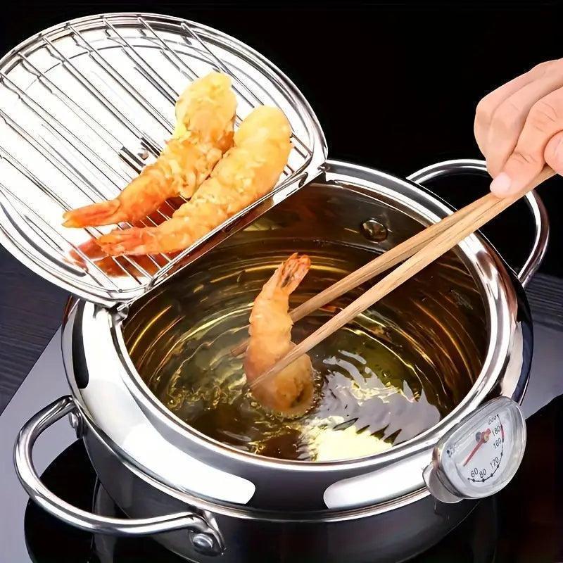 Japanese-Style Tempura Deep Fryer with Thermometer - Durable Stainless Steel, Professional Quality for Restaurant Use - ShopKart