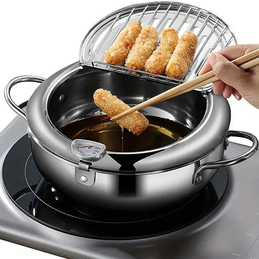 Japanese-Style Tempura Deep Fryer with Thermometer - Durable Stainless Steel, Professional Quality for Restaurant Use - ShopKart